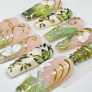 Gold-Accent Pink & Green Floral Press-On Nails